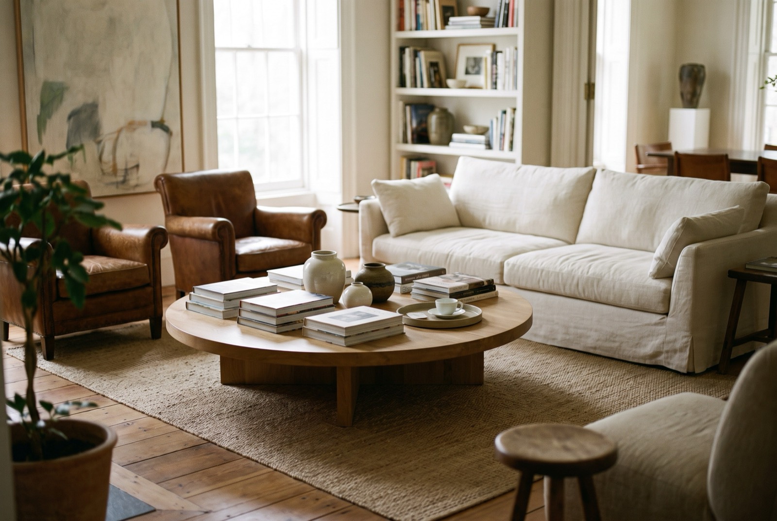 A living room with leather club chairs, a linen sofa and a round oak coffee table.